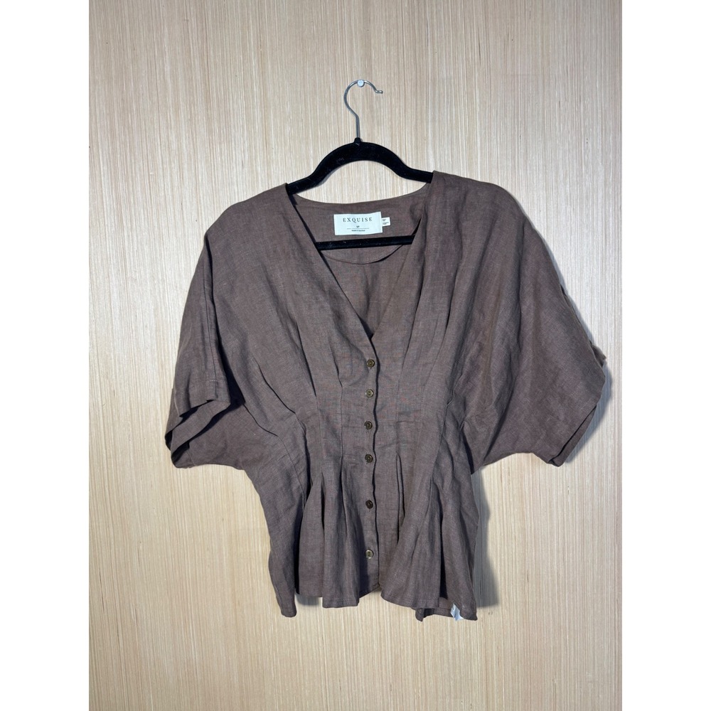 Exquise Ainslee Tobie Shirt Brown Linen Peplum V-Neck Blouse MP Cinch Pleat